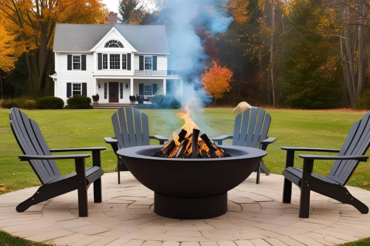 Image of a wood-burning fire pit on a brick surface for a blog post covering proper fire pit placement.
