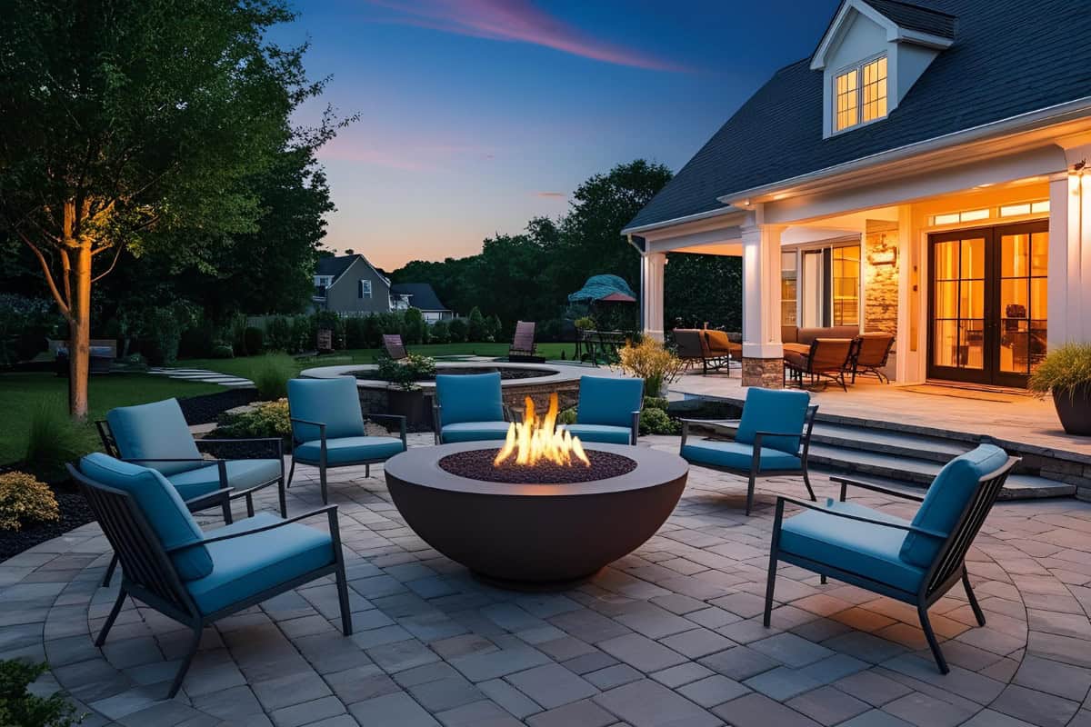 Image of a gas fire pit bowl on a brick patio.