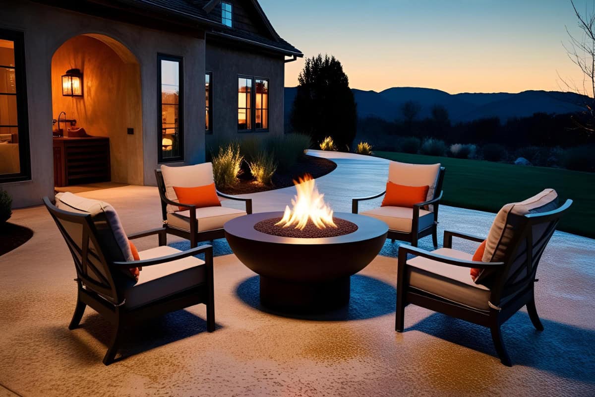 Image of gas fire pit on a concrete pation for a blog post covering fire pit placement.