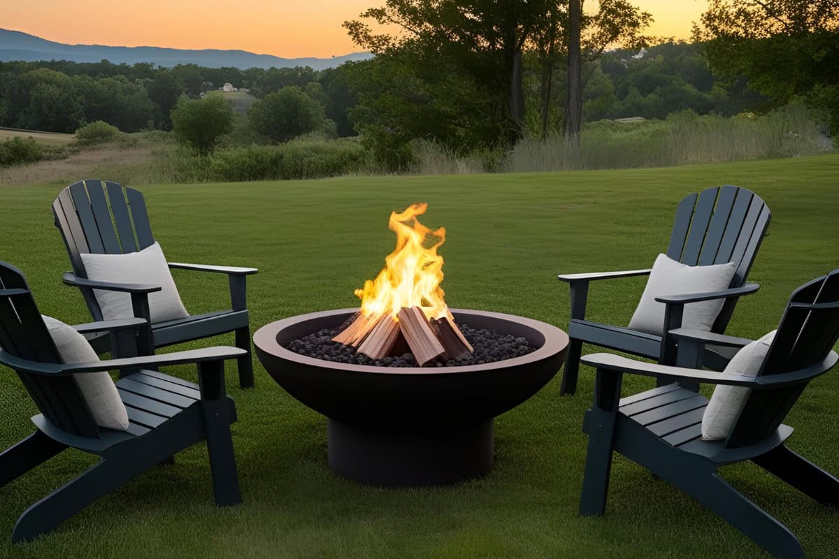 fire-pits-on-grass-main Image of a burning fire pit in a field for a blog post about fire pits on grass.