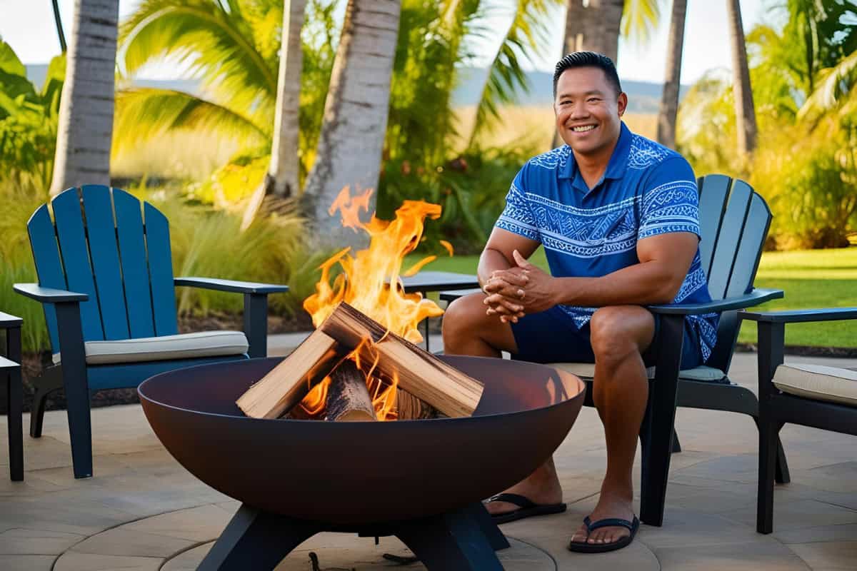 Image of a man sitting next to a burning fire pit in a tropical surrounding for a blog post covering how to start a fire pit.