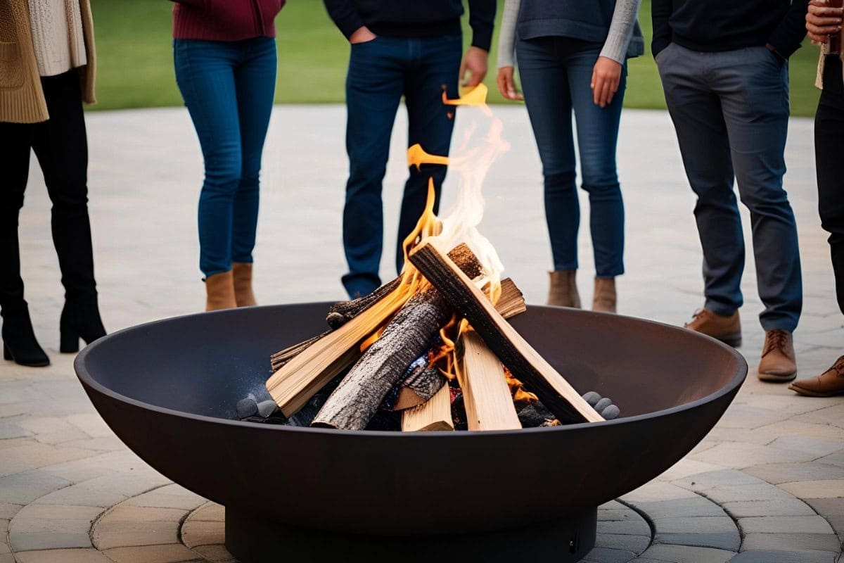 Image of a group of people standing around a burning fire bowl.