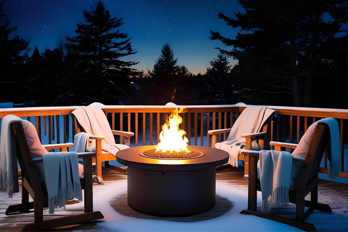 Image of a gas fire pit surrounded by chairs for a blog post covering the use of a fire pit on a deck.