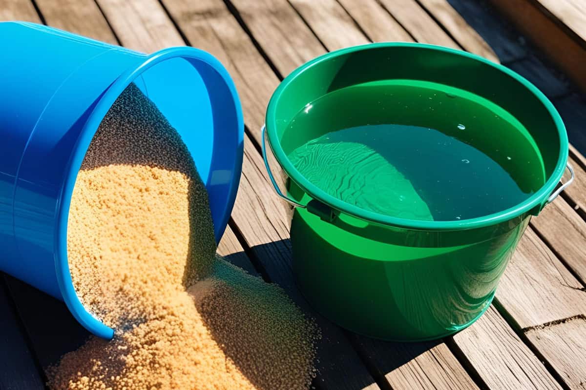 Image of a bucket of sand and a bucket of water.