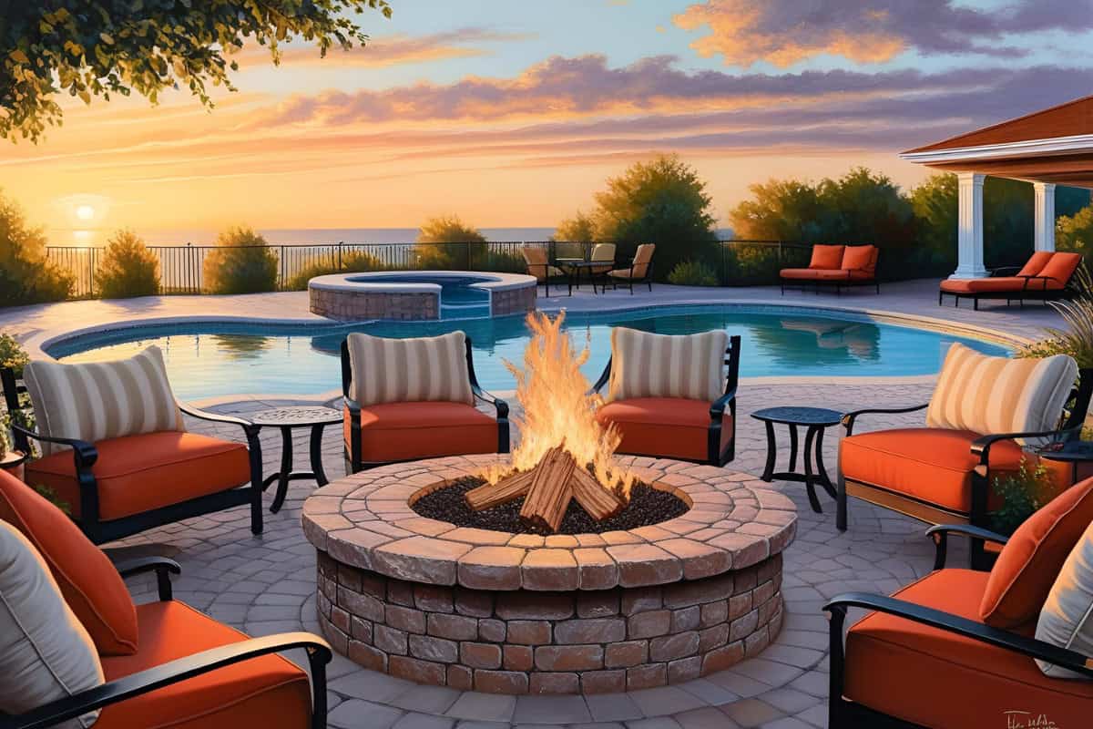 Image of a sketch of a backyard with a fire pit and pool.