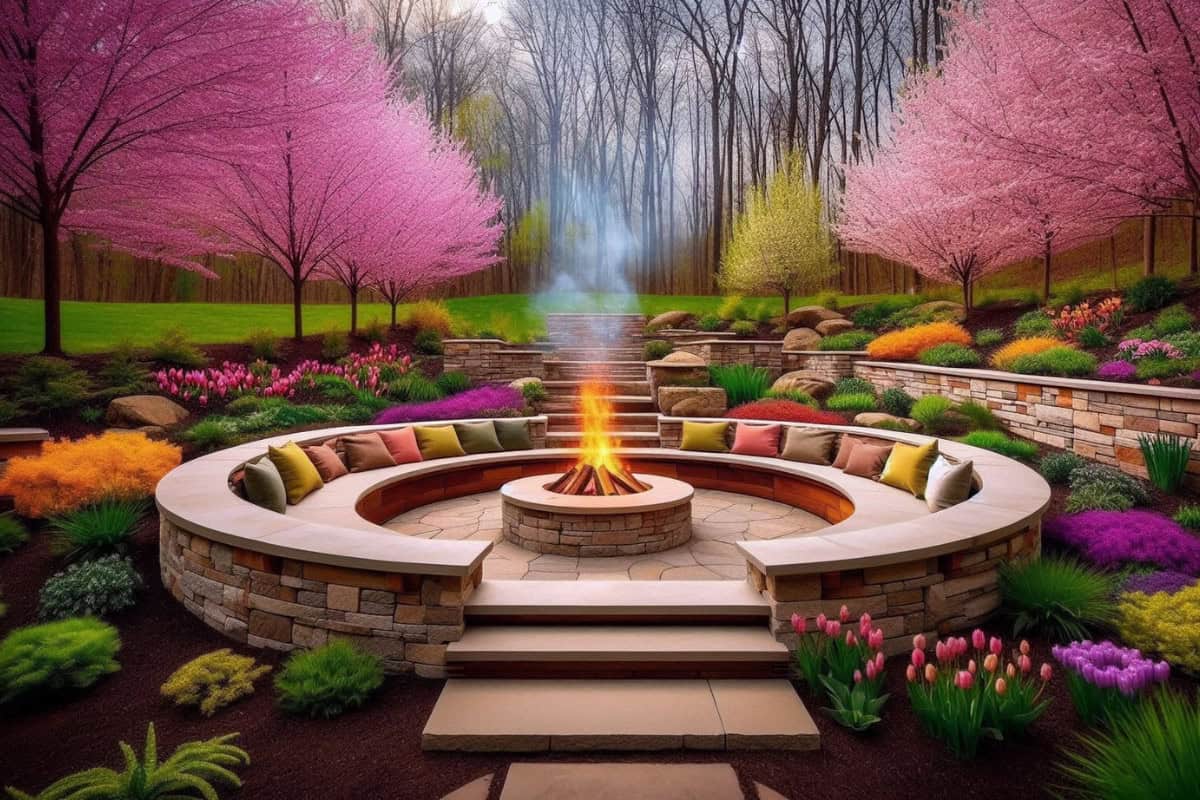 Image of a circular fire pit area with masonry wrap-around seating.