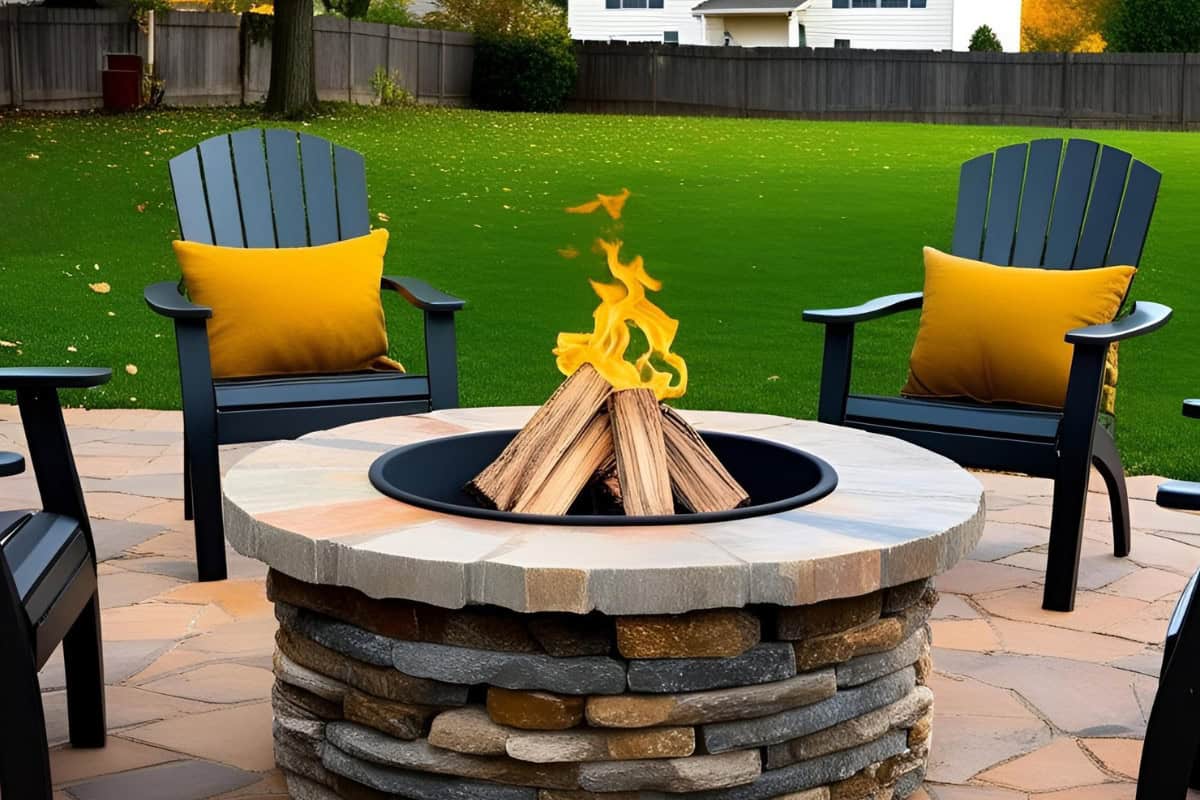fire-pit-placement-diy Image of a masonry fire pit round on a patio with chairs.