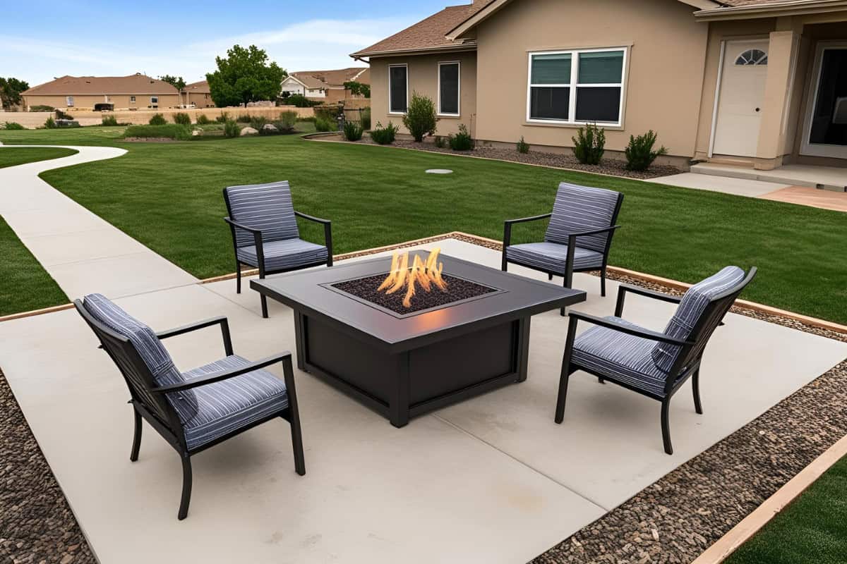 fire-pit-placement-size-and-shape Image of a square gas fire pit on a concrete pad.