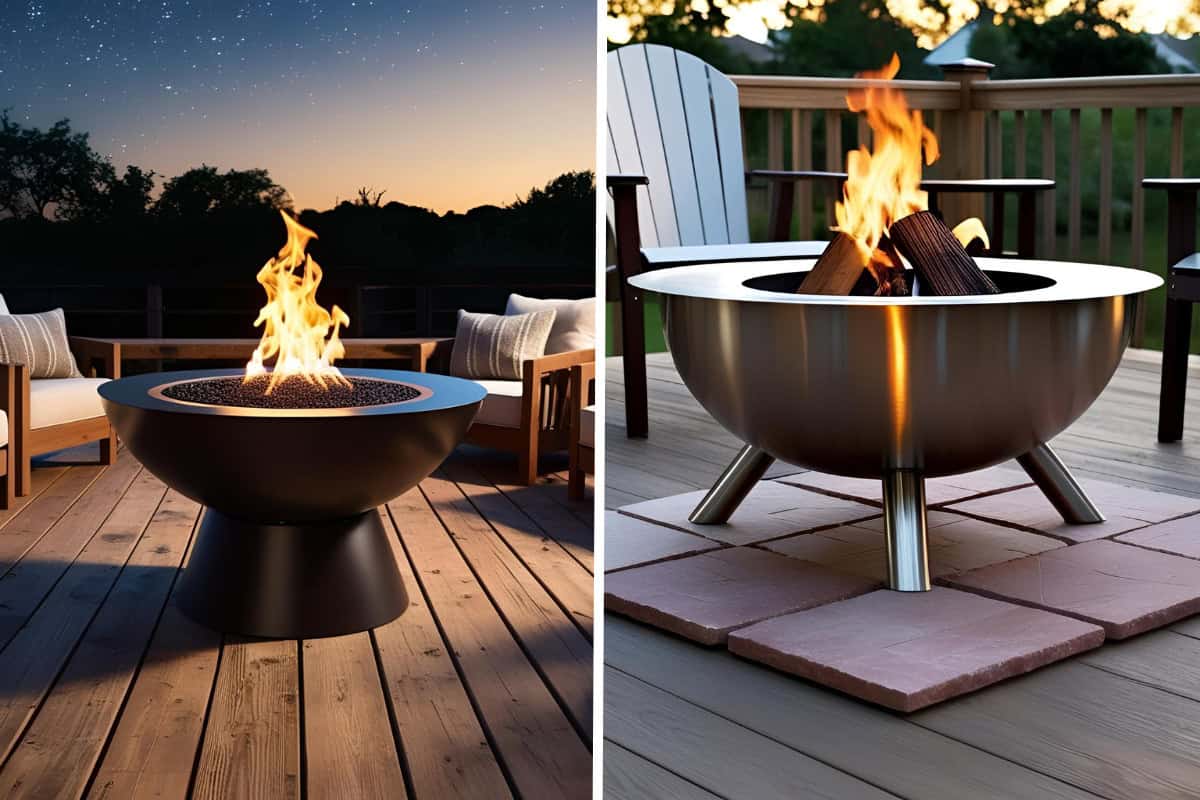 fire-pit-on-decking-set-up Image of a gas fire pit and a wood-burning fire pit on a deck.