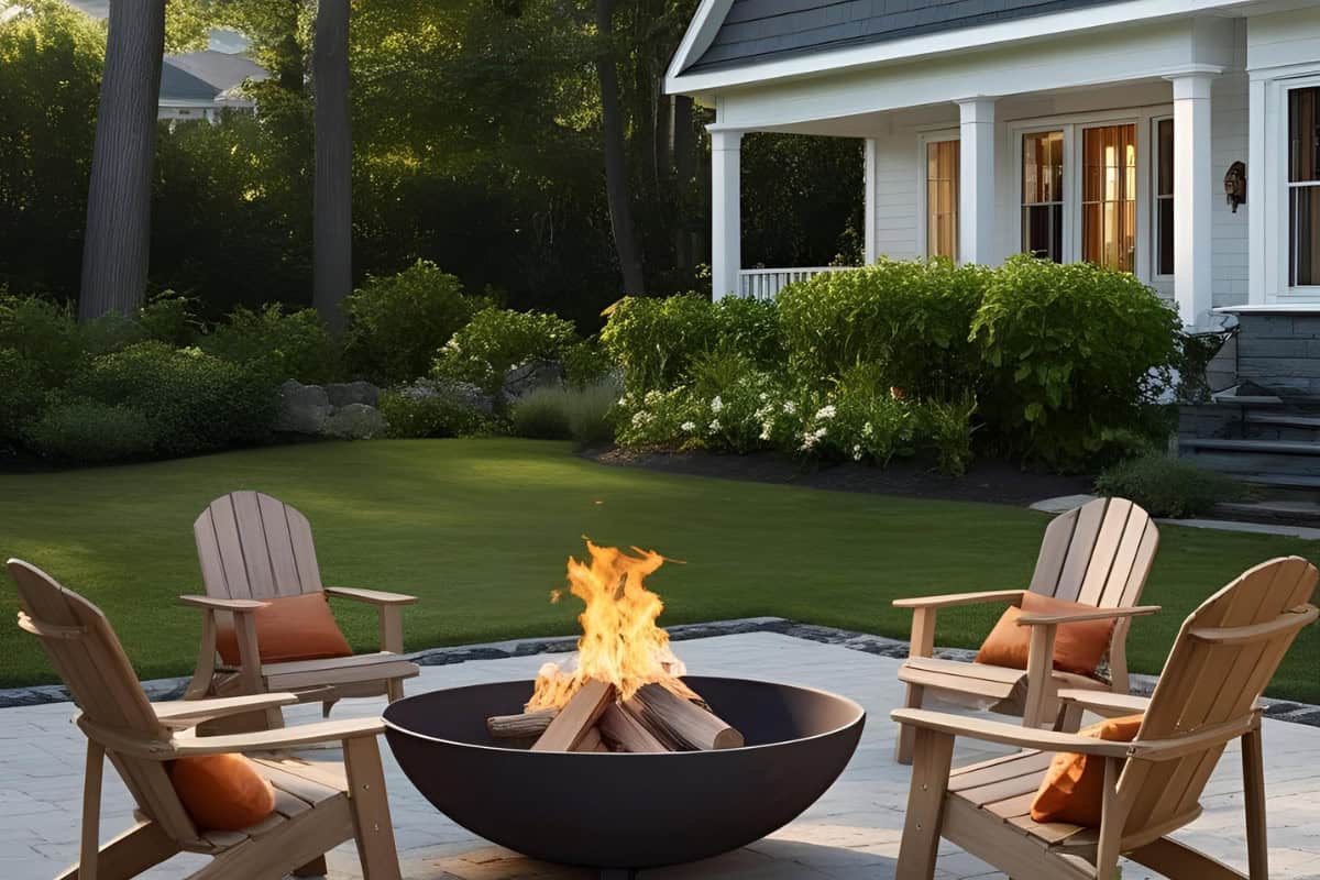Image of a fire pit burning in a home's yard.