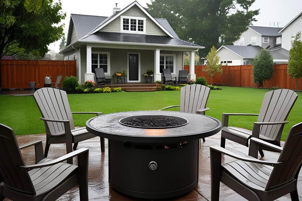 Image of a fire pit and chairs in a home's backyard.