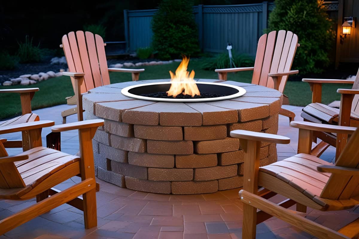 fire-pit-insert-buyers-guide-what Image of a masonry block fire pit surrounded by Adirondack chairs.