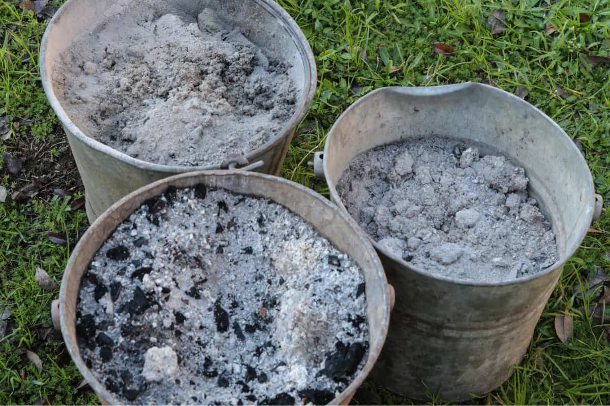 Image of three ash buckets resting on a lawn.
