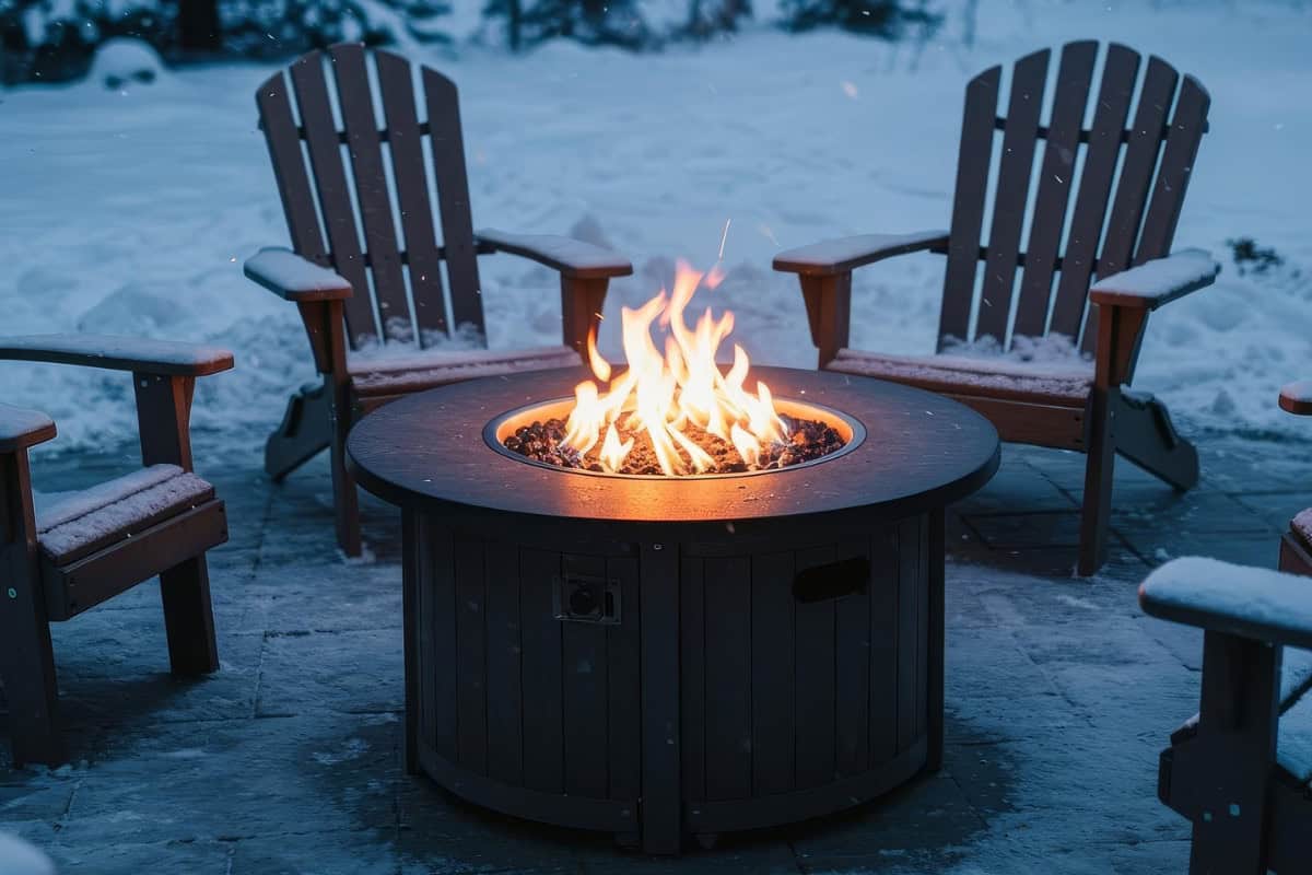 Image of a burning portable propane fire pit on a wintery day.