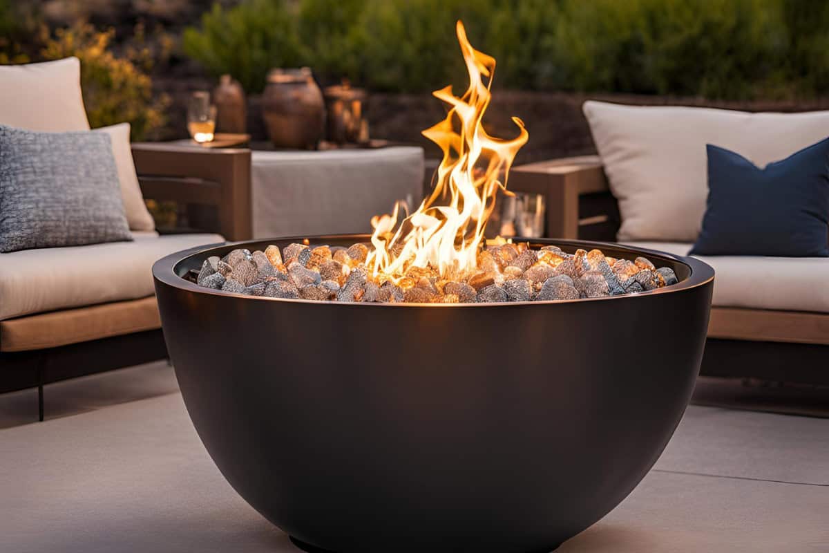 Image of a burning gas fire pit at dusk.