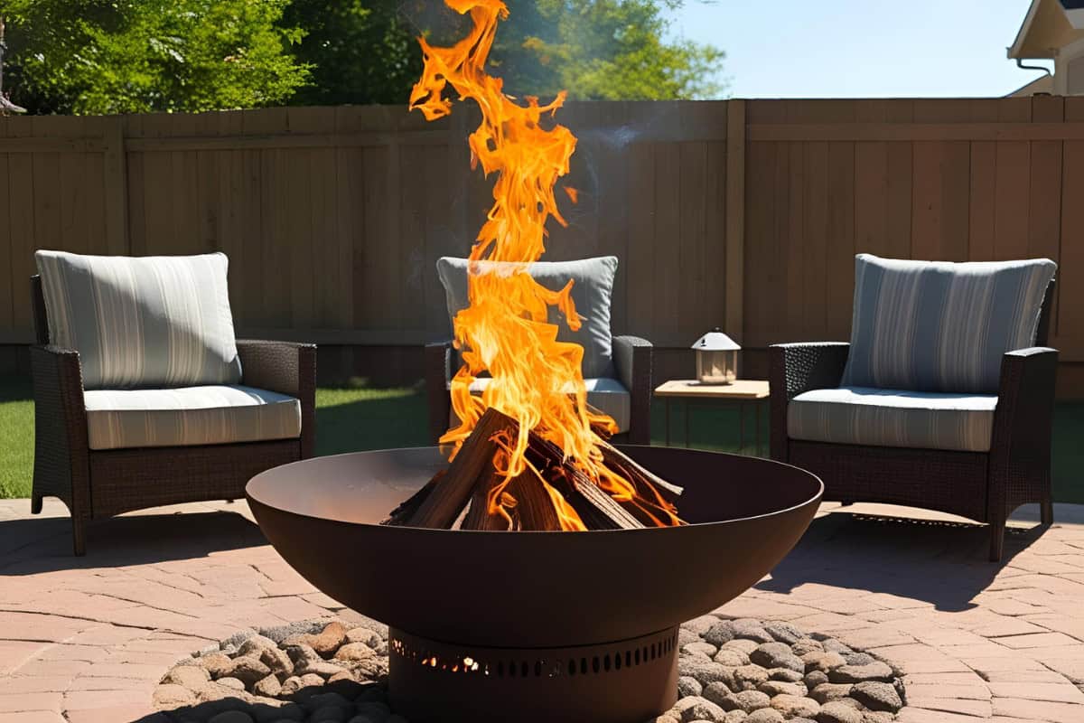 Image of a wood burning fire pit bowl and patio chairs