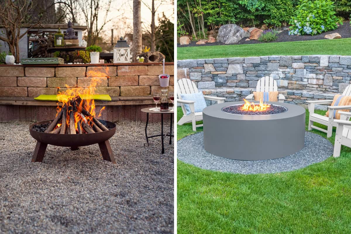 best-fire-pit-fuels-needs Image of a wood-burning fire pit side-by-side with a gas fire pit.