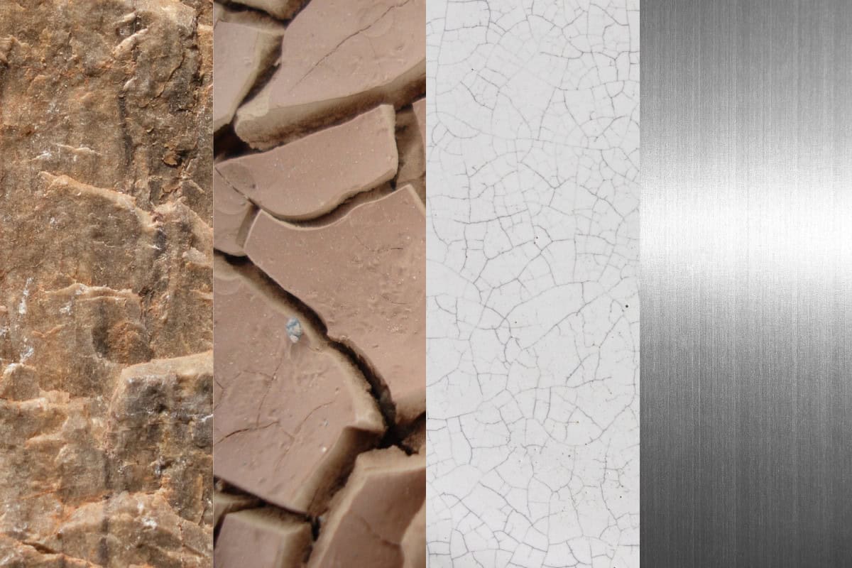 Image of four types of material used to make fire pits throughout history, stone, clay, porcelain and steel.