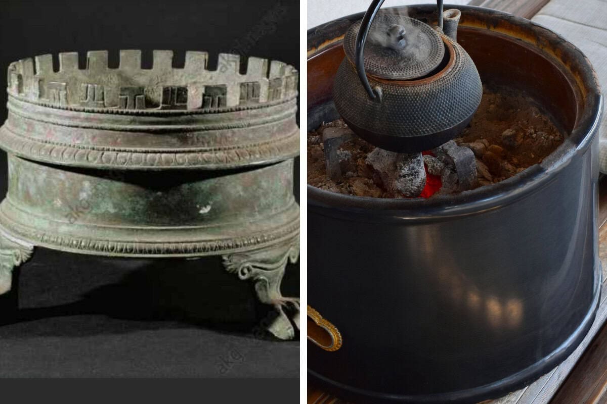 Image of an ancient Roman brazier and a Japanese hibachi side by side.