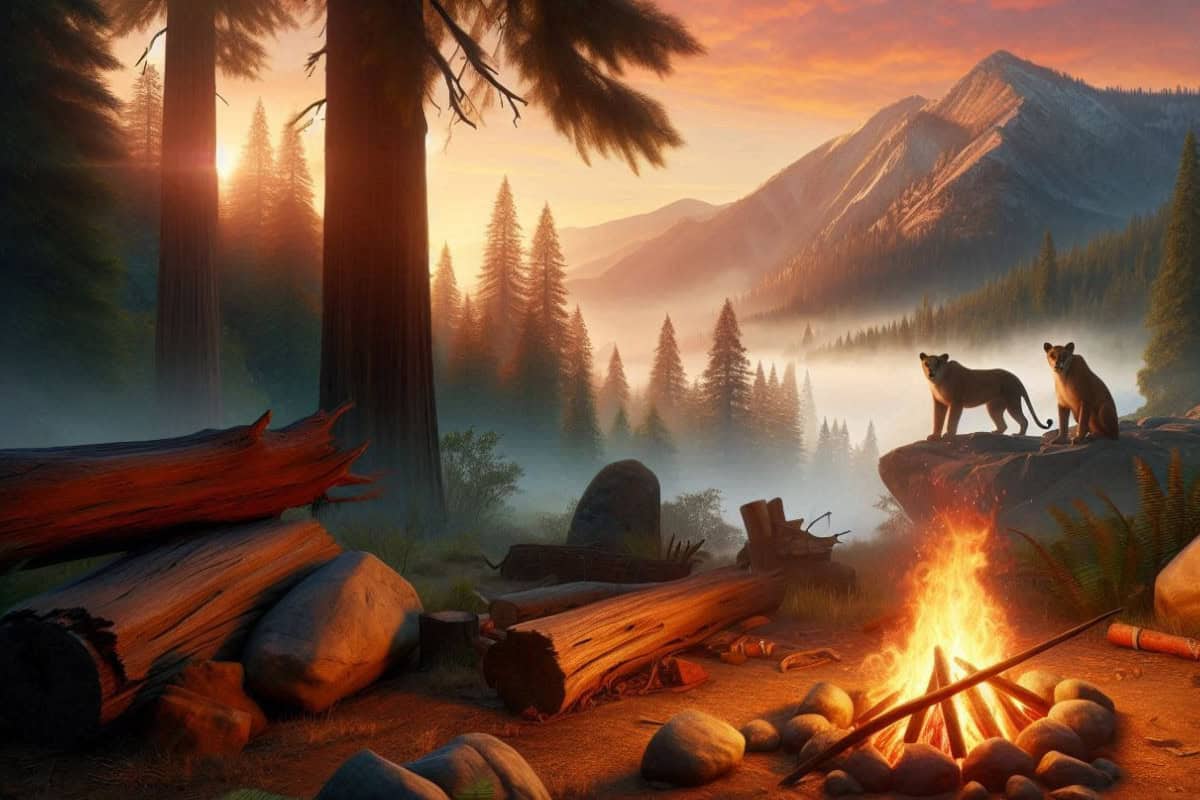 Image of a fire pit in prehistoric times keeping predators away.