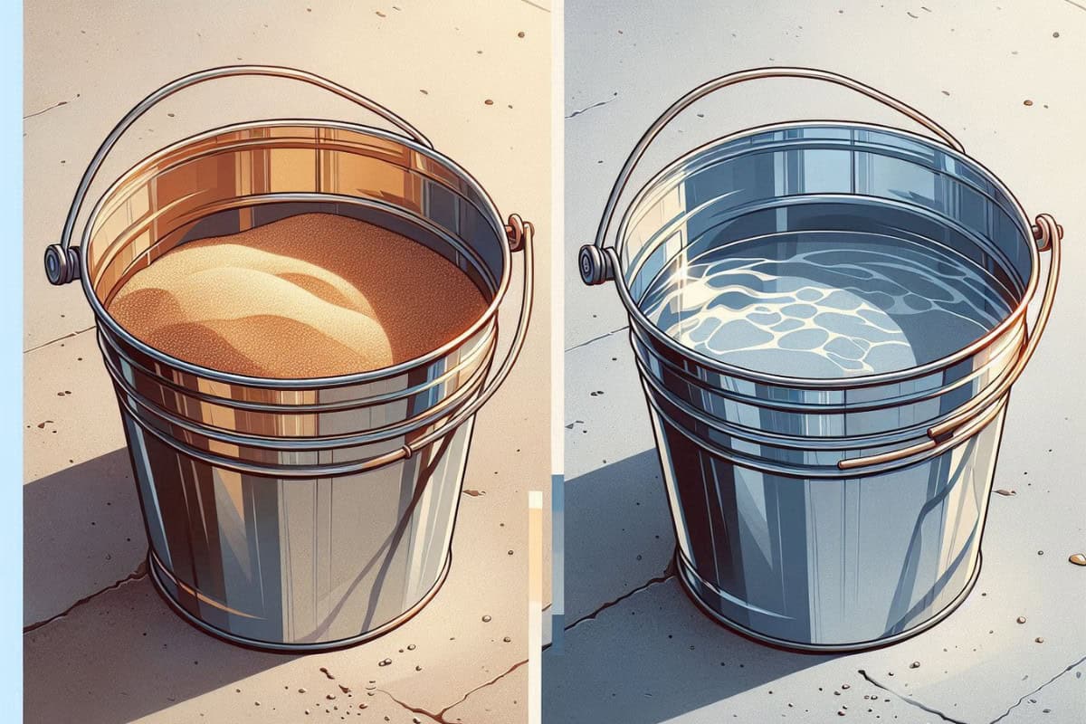 Buckets filled with water and sand, perfect for backyard fire pits and outdoor heating solutions. Ideal for creating warm, cozy outdoor spaces with Backyard Toasty products.